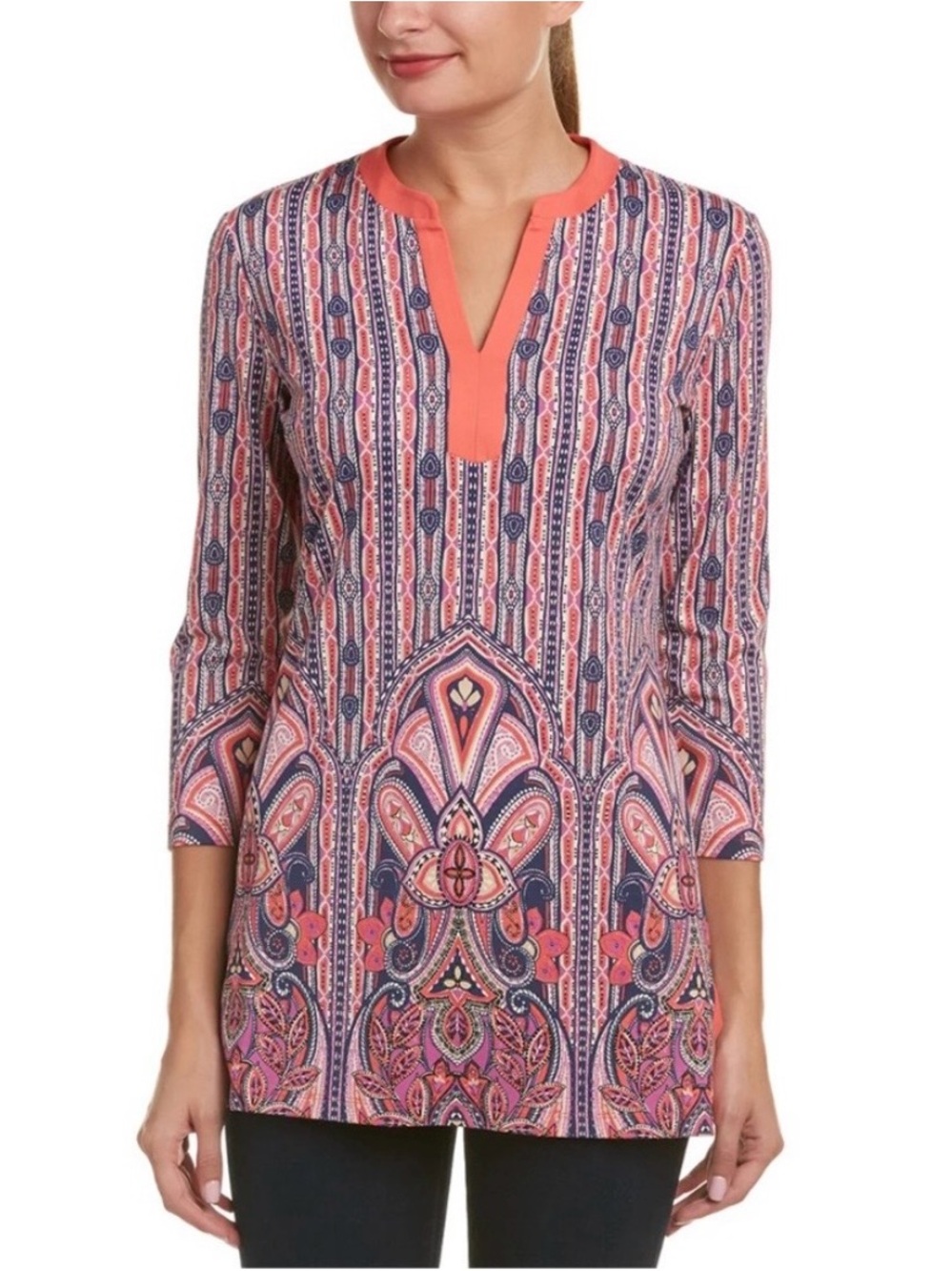 J.McLaughlin Paisley Catalina Cloth Tunic Top M Pink Navy 3/4 Sleeve Resort Wear